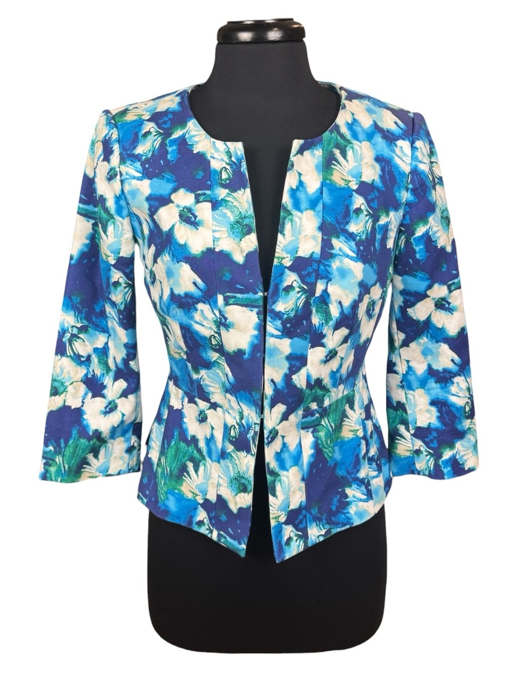 White House Black Market Blue Watercolor Floral Peplum Blazer Women’s Size 6